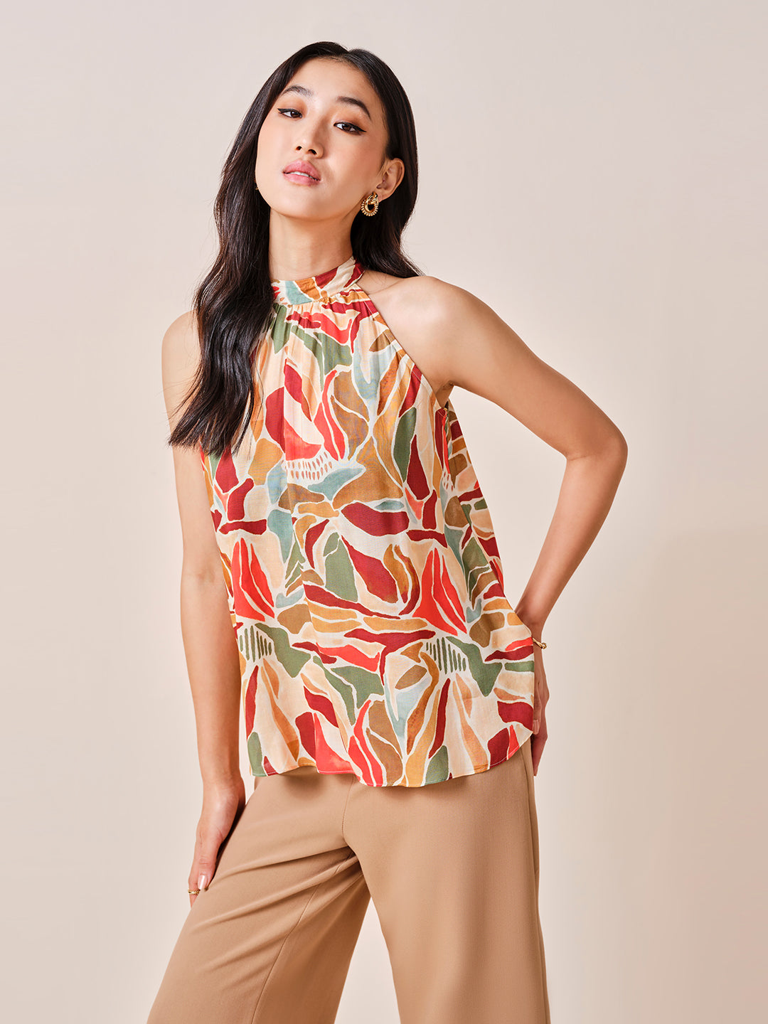 Women's Yellow Casual Regular Fit Printed Sleeveless Tops