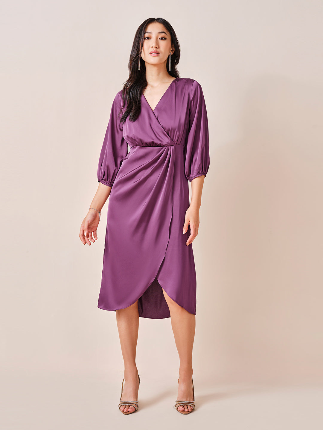 Women's Purple Party Regular Fit Solid Three Quarter Sleeves Dress