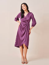 Women's Purple Party Regular Fit Solid Three Quarter Sleeves Dress