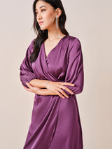 Women's Purple Party Regular Fit Solid Three Quarter Sleeves Dress
