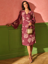 Women's Red Casual Regular Fit Printed Three Quarter Sleeves Dress
