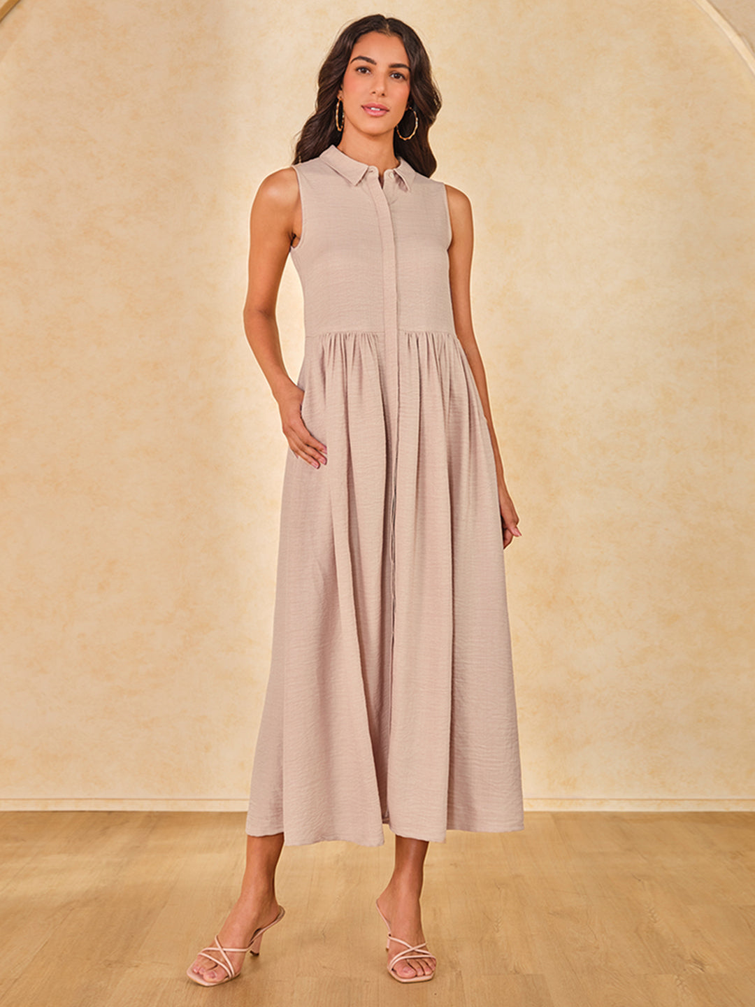 Women's Beige Casual Solid Sleeveless Dress