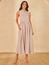 Women's Beige Casual Solid Sleeveless Dress