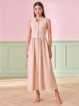 Women's Beige Self Design Polyester Ankle Length Woven Maxi