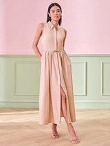 Women's Beige Self Design Polyester Ankle Length Woven Maxi