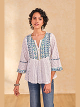 Women's White Casual Embroidered Three Quarter Sleeves Kurti