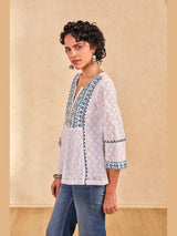 Women's White Casual Embroidered Three Quarter Sleeves Kurti