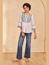 Women's White Casual Embroidered Three Quarter Sleeves Kurti