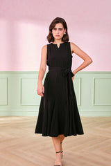 Women's Black Work Regular Fit Striped Sleeveless Dress