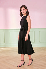 Women's Black Work Regular Fit Striped Sleeveless Dress