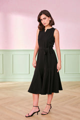 Women's Black Work Regular Fit Striped Sleeveless Dress