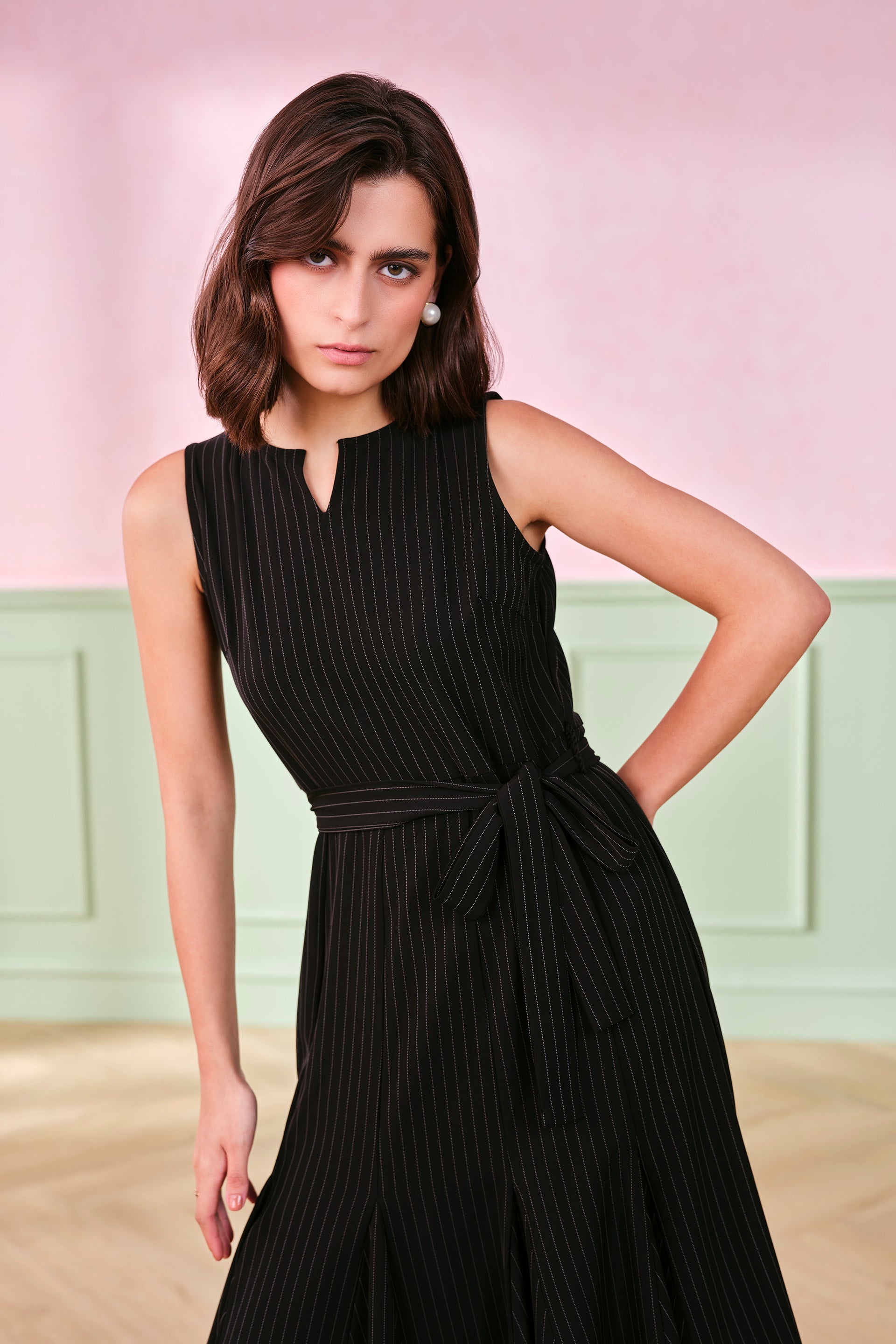Women's Black Work Regular Fit Striped Sleeveless Dress