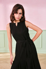 Women's Black Work Regular Fit Striped Sleeveless Dress