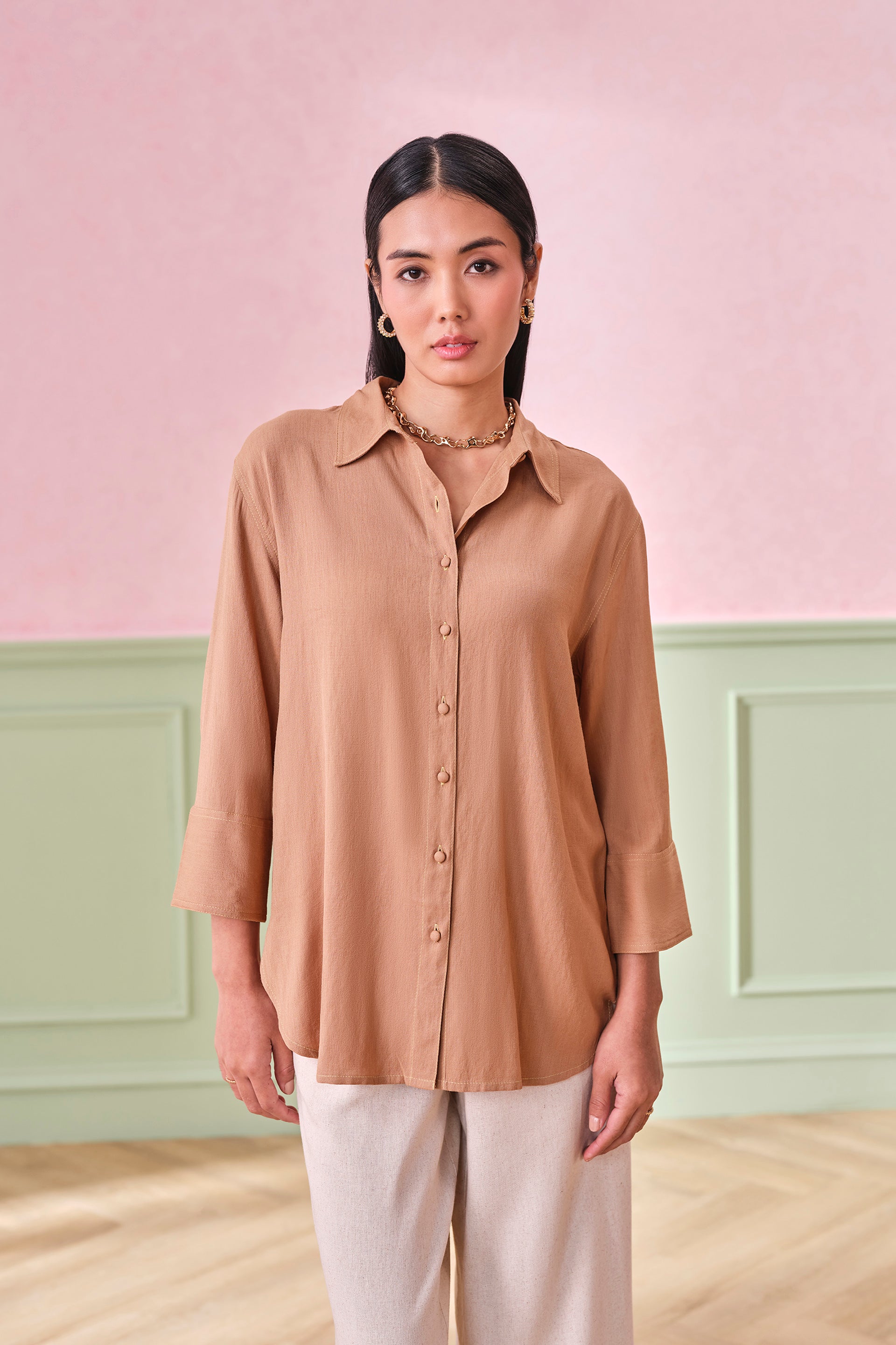 Women's Brown Work Regular Fit Solid Full Sleeves Tops