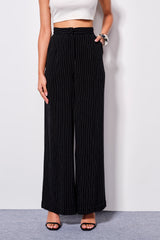 Women's Black Stripes Linen Full Length Woven Trousers