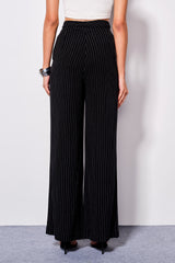 Women's Black Stripes Linen Full Length Woven Trousers