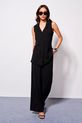 Women's Black Stripes Linen Full Length Woven Trousers