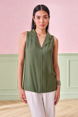 Women's Green Work Regular Fit Solid Sleeveless Tops
