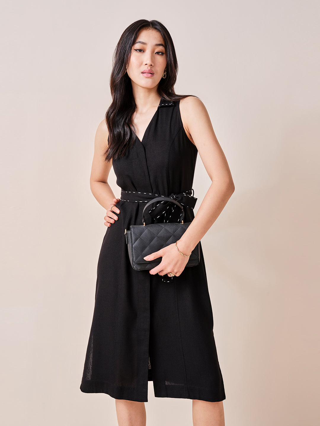 Women's Black Work Regular Fit Solid Sleeveless Dress