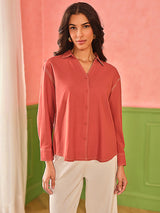 Women's Red Work Regular Fit Solid Half Sleeves Tops