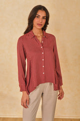 Women's Red Work Regular Fit Striped Full Sleeves Tops