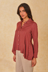 Women's Red Work Regular Fit Striped Full Sleeves Tops