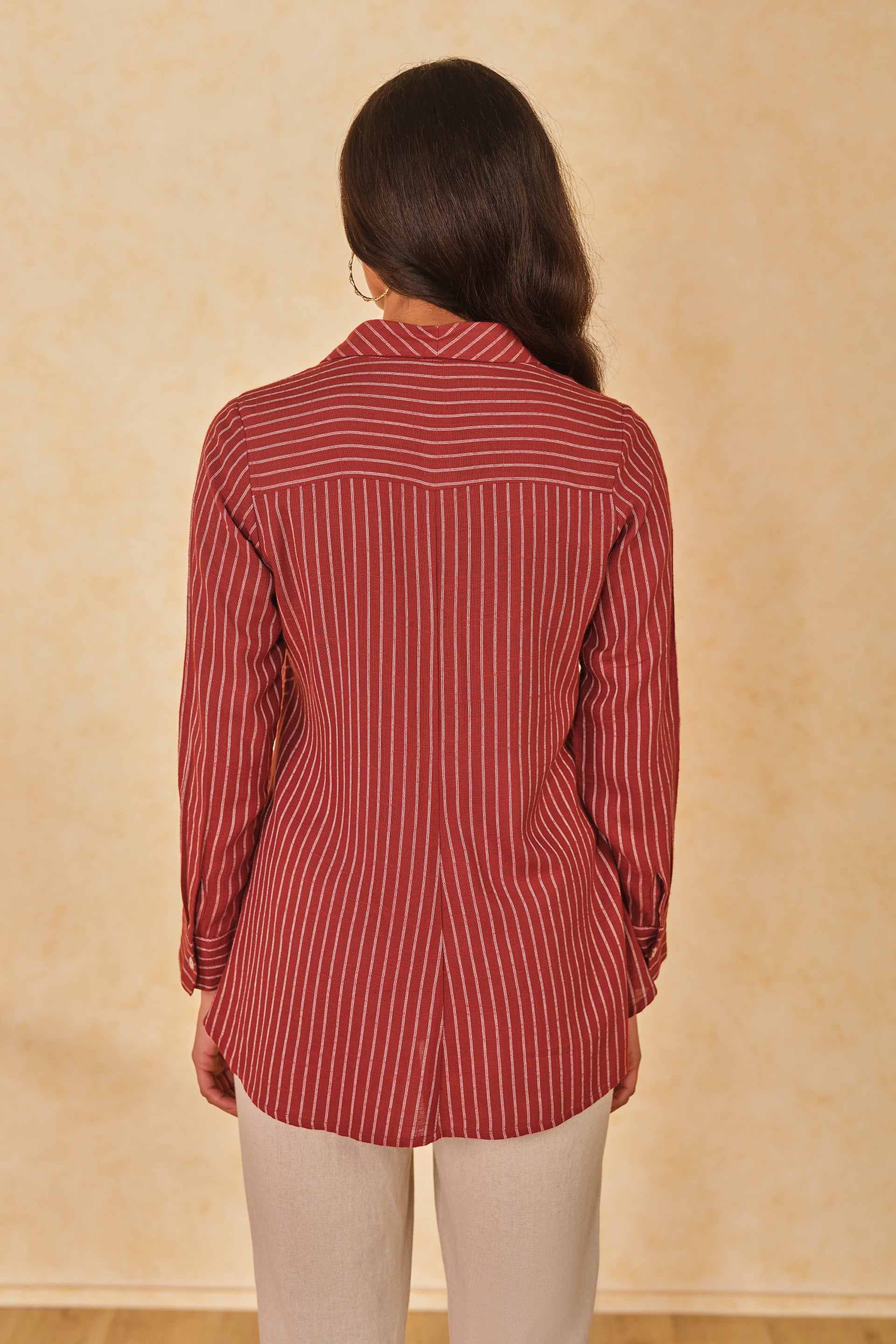 Women's Red Work Regular Fit Striped Full Sleeves Tops