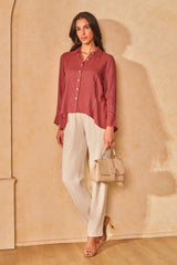 Women's Red Work Regular Fit Striped Full Sleeves Tops
