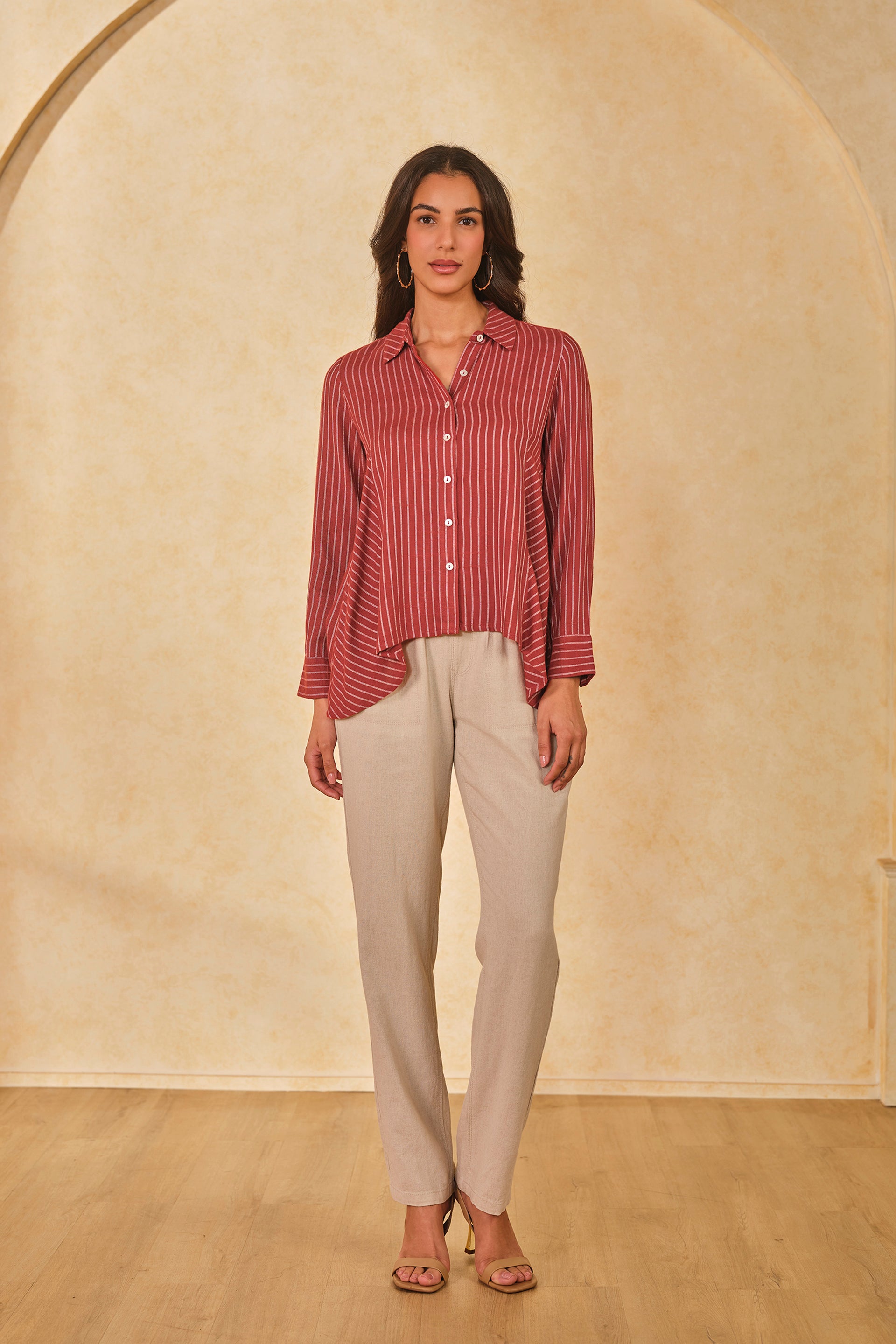 Women's Red Work Regular Fit Striped Full Sleeves Tops