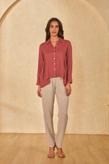 Women's Red Work Regular Fit Striped Full Sleeves Tops
