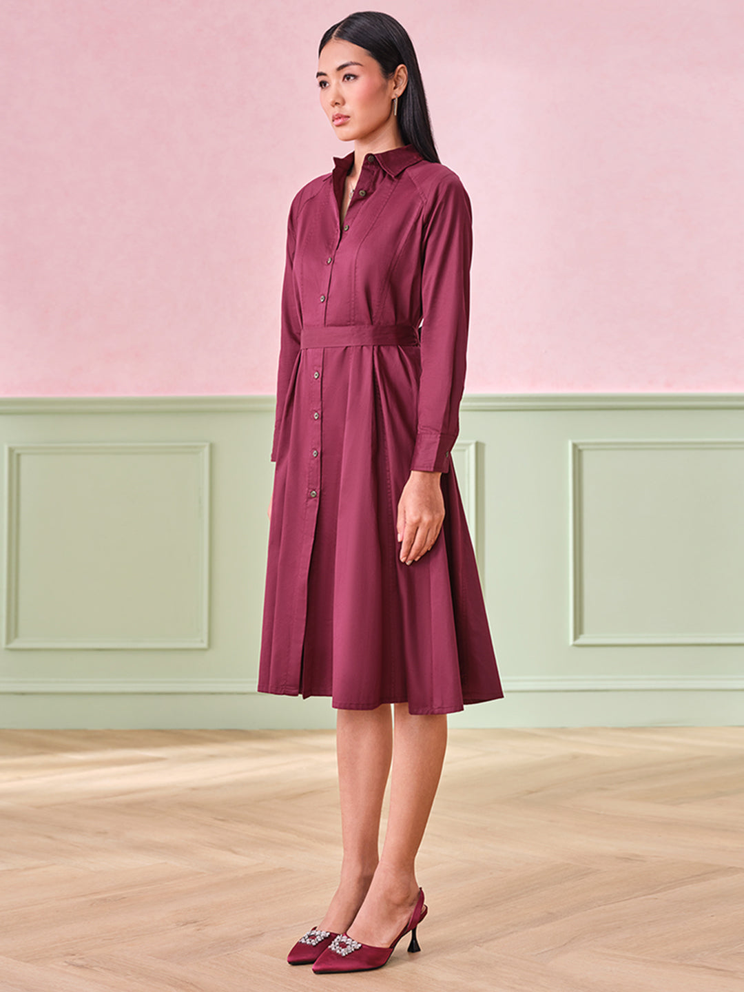 Women's Red Work Regular Fit Solid Full Sleeves Dress