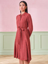 Women's Red Work Regular Fit Striped Full Sleeves Dress