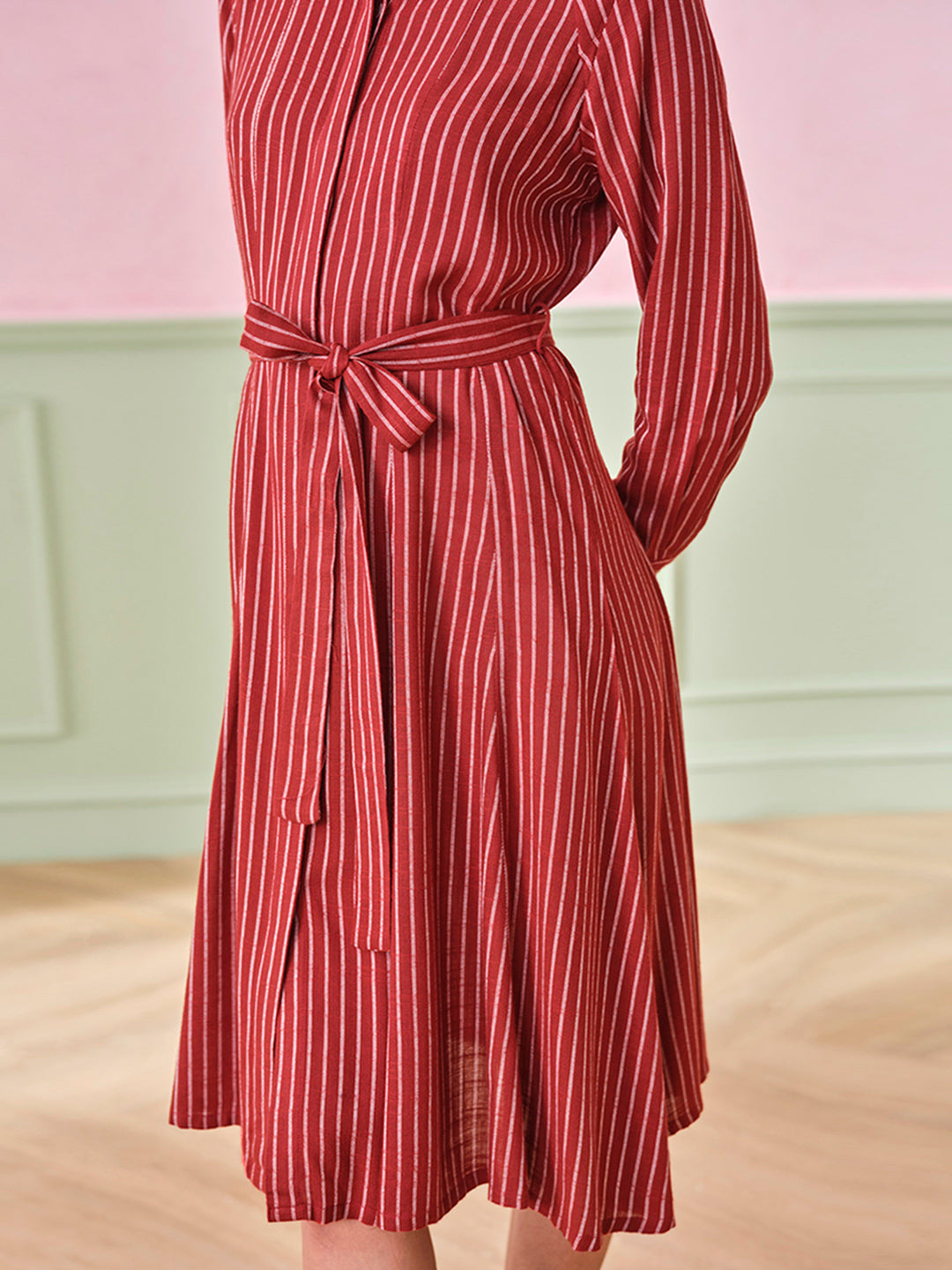 Women's Red Work Regular Fit Striped Full Sleeves Dress