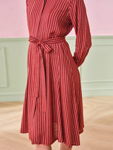 Women's Red Work Regular Fit Striped Full Sleeves Dress