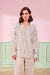 Women's White Stripes Cotton Regular Length Woven Top