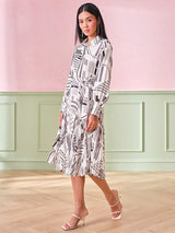 Women's White Work Regular Fit Printed Full Sleeves Dress