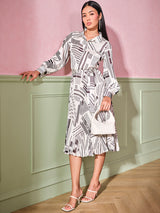 Women's White Work Regular Fit Printed Full Sleeves Dress