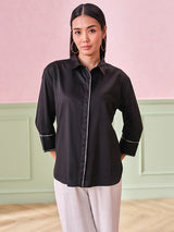 Women's Black Casual Regular Fit Solid Three Quarter Sleeves Tops