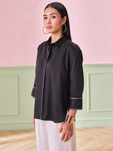 Women's Black Casual Regular Fit Solid Three Quarter Sleeves Tops
