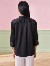Women's Black Casual Regular Fit Solid Three Quarter Sleeves Tops