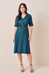 Women's Green Work Regular Fit Solid Half Sleeves Dress