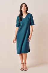 Women's Green Work Regular Fit Solid Half Sleeves Dress