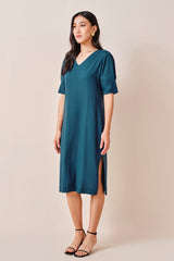 Women's Green Work Regular Fit Solid Half Sleeves Dress