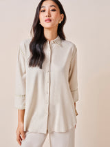 Women's Beige Work Regular Fit Solid Three Quarter Sleeves Tops