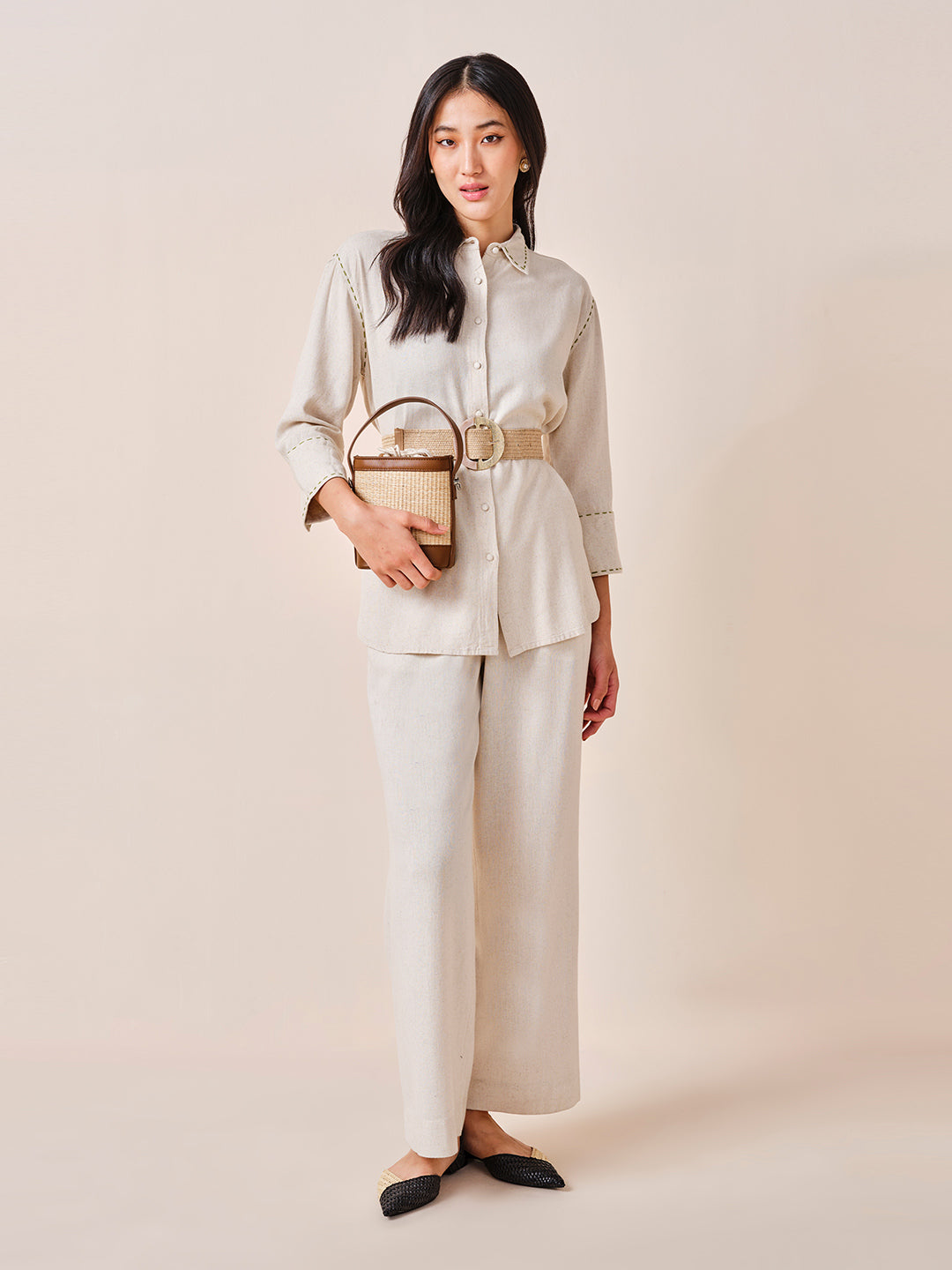 Women's Beige Work Regular Fit Solid Three Quarter Sleeves Tops