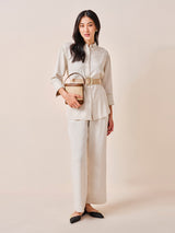 Women's Beige Work Regular Fit Solid Three Quarter Sleeves Tops