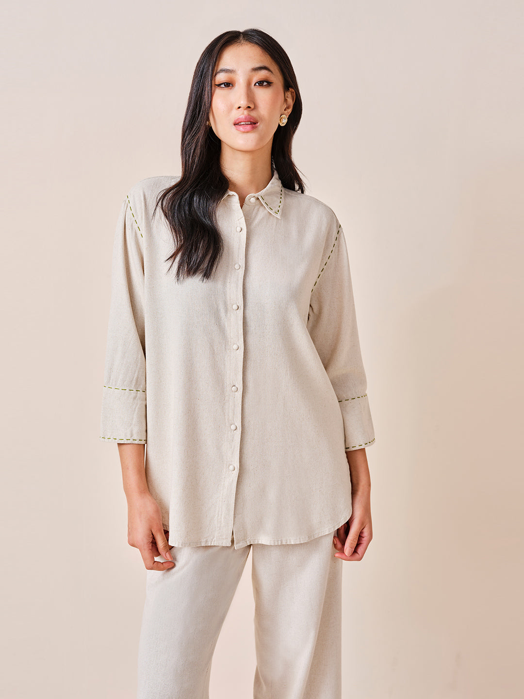 Women's Beige Work Regular Fit Solid Three Quarter Sleeves Tops
