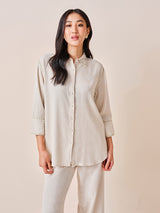 Women's Beige Work Regular Fit Solid Three Quarter Sleeves Tops