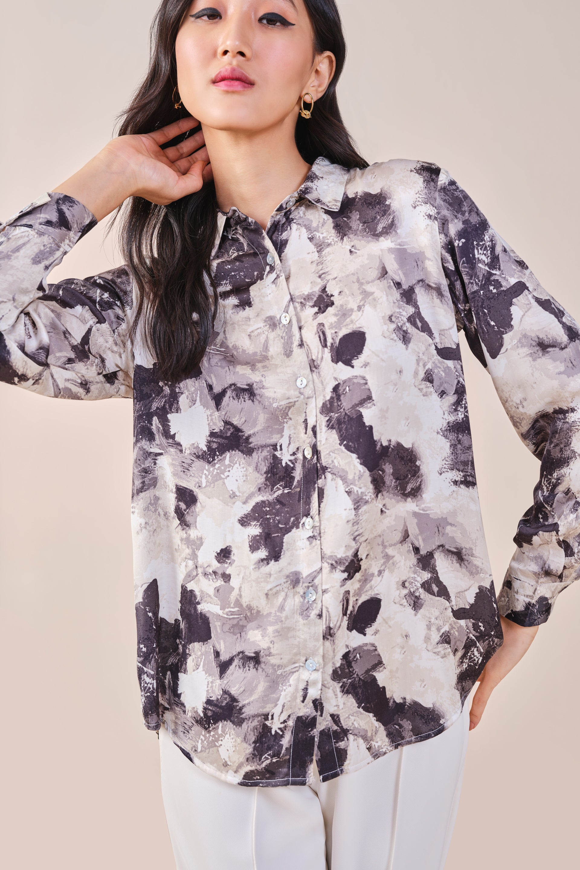 Women's Black Work Regular Fit Printed Full Sleeves Tops