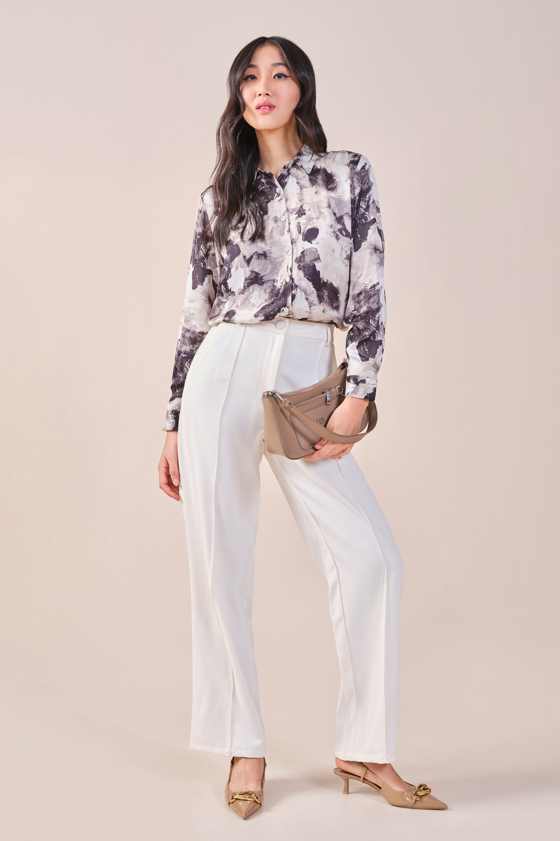 Women's Black Work Regular Fit Printed Full Sleeves Tops